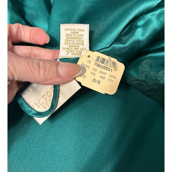 Victoria’s Secret OS Satin Kimono Robe Emerald Green Lace Trim Gold Label VTG - Picture 12 of 14